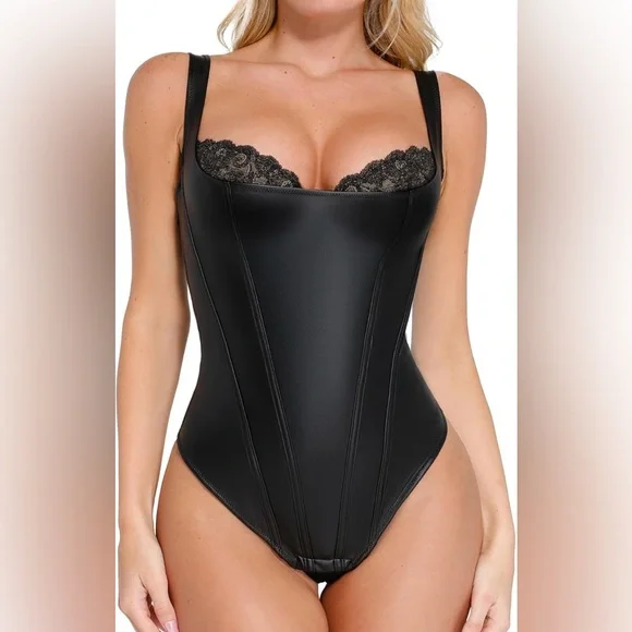 Popilush Leather Corset Lace Shapewear Bodysuits Tummy Control Faux Leather - Picture 1 of 9